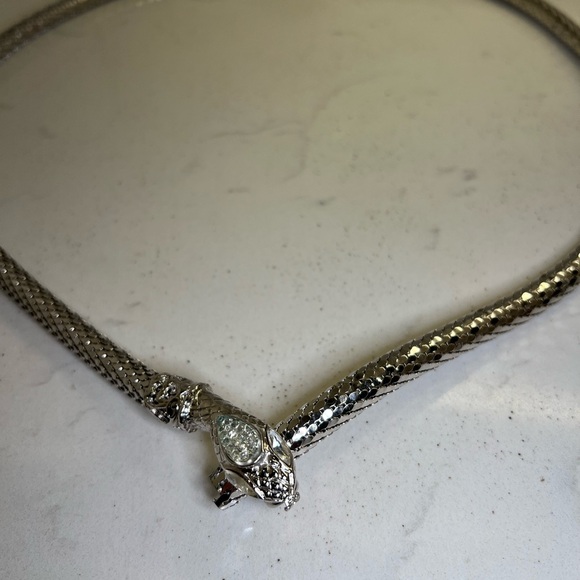 Vintage Silver Mesh Snake Necklace/Belt Crystals Eyes Head Designer 38” - Picture 3 of 10